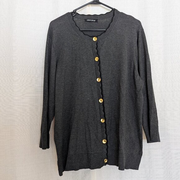 Cable & Gauge Button Down Grey Cardigan with Gold button Scalloped Neck - Picture 1 of 11